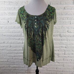 UNITY Women Plus 1X Tunic Top Green Paisley Blouse Short Flutter Sleeve PAI34E